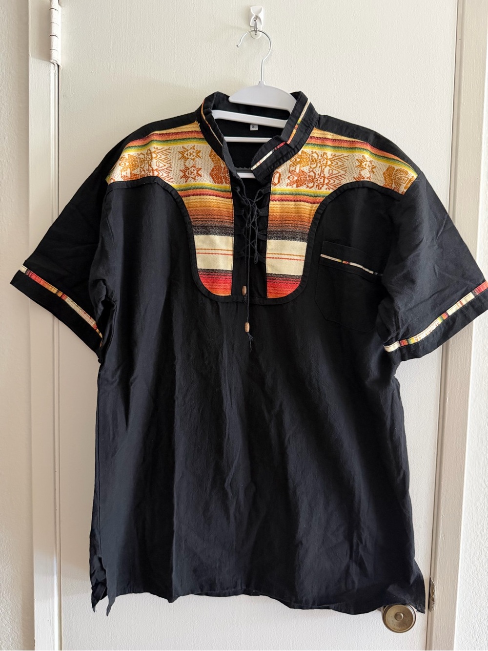 Black Short-Sleeve Men’s Shirt with Multicolor Mexican-Inspired Yoke